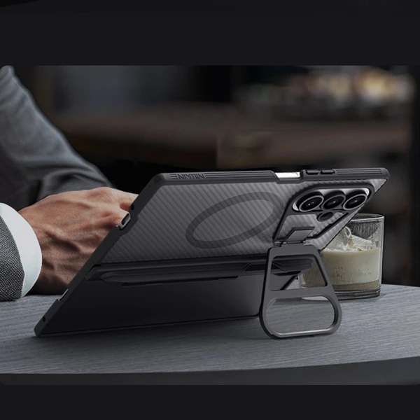 خرید گارد مگنتی نیمه شفاف کمرا استند شیشه ای Samsung Galaxy Z Fold 7 مارک نیلکین مدل Camshield Prop Clear با درگاه قلم