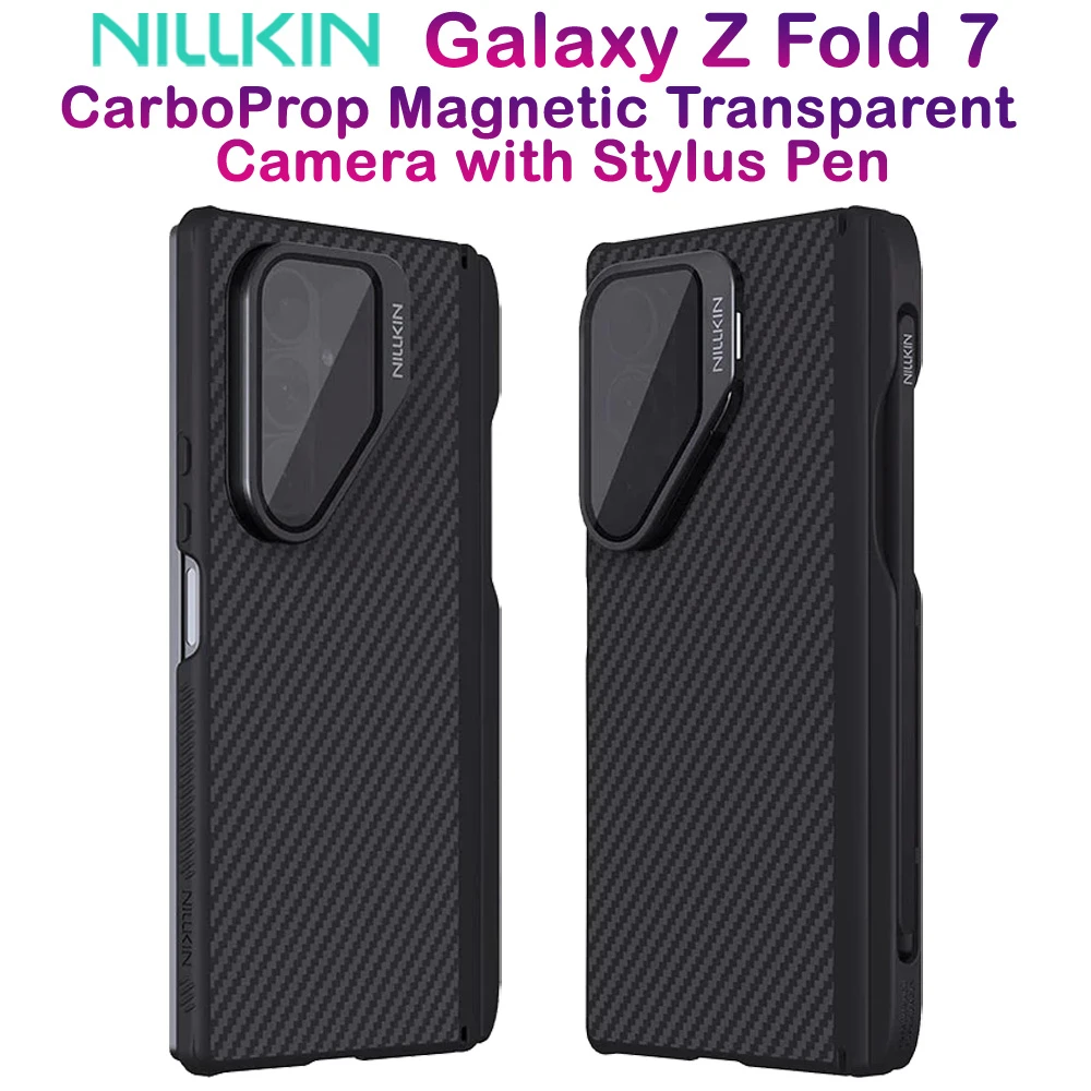 خرید گارد مگنتی کربنی کمرا استند شیشه ای Samsung Galaxy Z Fold 7 مارک نیلکین مدل CarboProp با درگاه قلم