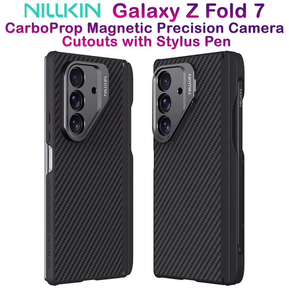 گارد مگنتی کربنی کمرا استند فلزی Samsung Galaxy Z Fold 7 مارک نیلکین مدل CarboProp با درگاه قلم