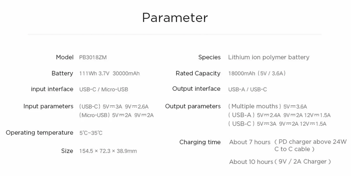 پاور بانک 30000 میلی‌آمپر 18 وات برند Xiaomi مدل PB3018ZM