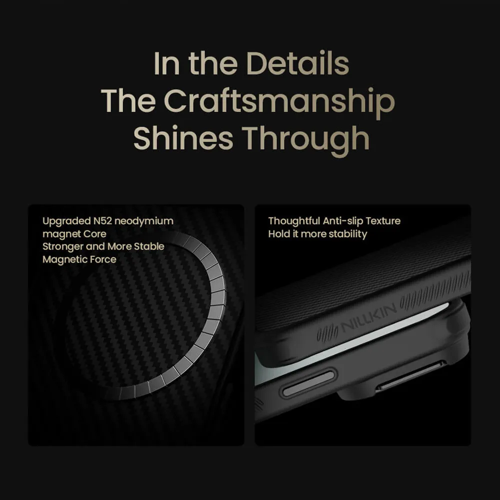 گارد مگنتی کربنی کمرا استند شفاف iPhone 17 Pro مارک نیلکین مدل CarboProp گارد مگنتی کربنی کمرا استند شفاف iPhone 17 Pro مارک نیلکین مدل CarboProp