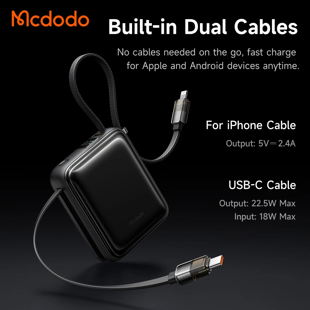خرید پاور بانک 22.5 وات 10000 میلی‌آمپر با دو کابل متصل Type-C و Lightning برند Mcdodo مدل MC-2550 