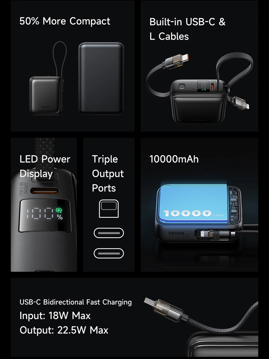 خرید پاور بانک 22.5 وات 10000 میلی‌آمپر با دو کابل متصل Type-C و Lightning برند Mcdodo مدل MC-2550 