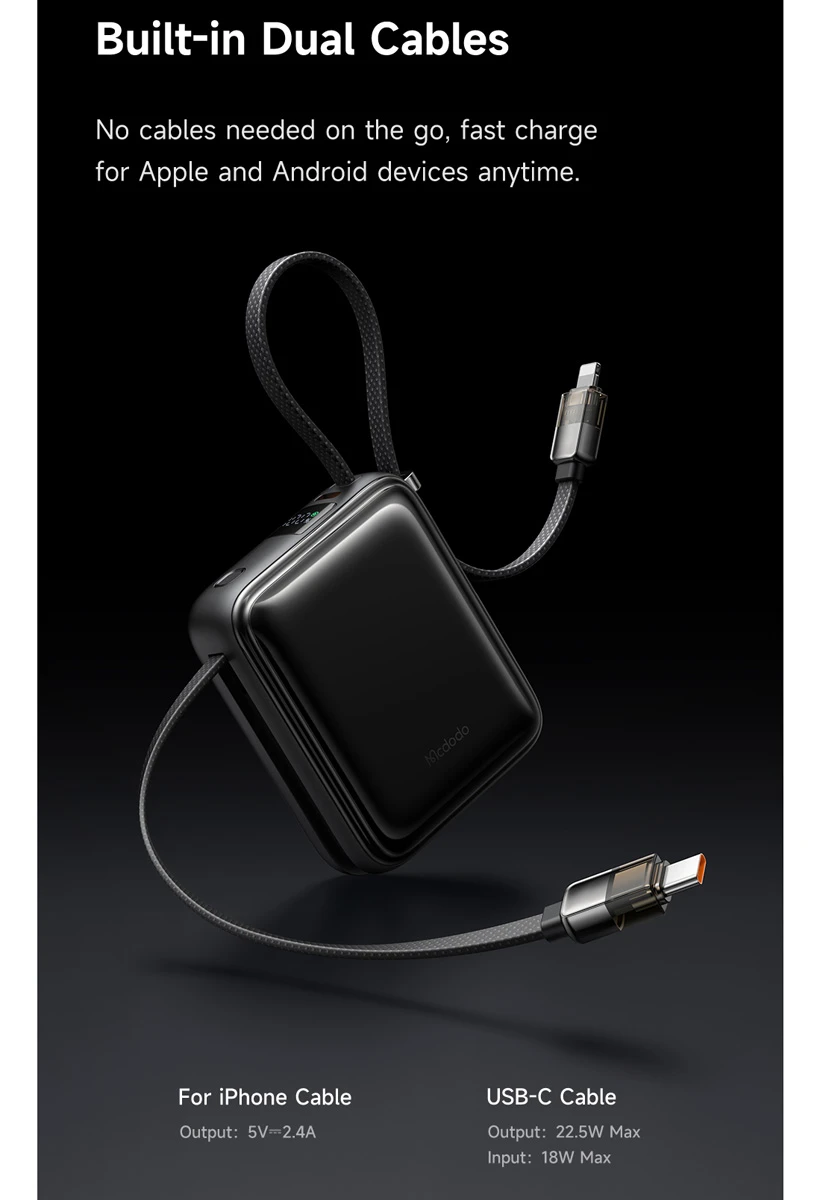 خرید پاور بانک 22.5 وات 10000 میلی‌آمپر با دو کابل متصل Type-C و Lightning برند Mcdodo مدل MC-2550 