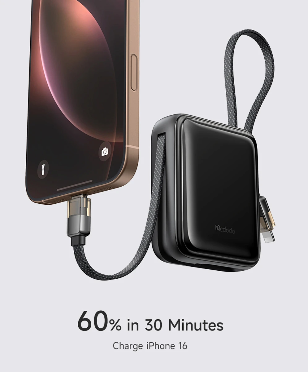 خرید پاور بانک 22.5 وات 10000 میلی‌آمپر با دو کابل متصل Type-C و Lightning برند Mcdodo مدل MC-2550 