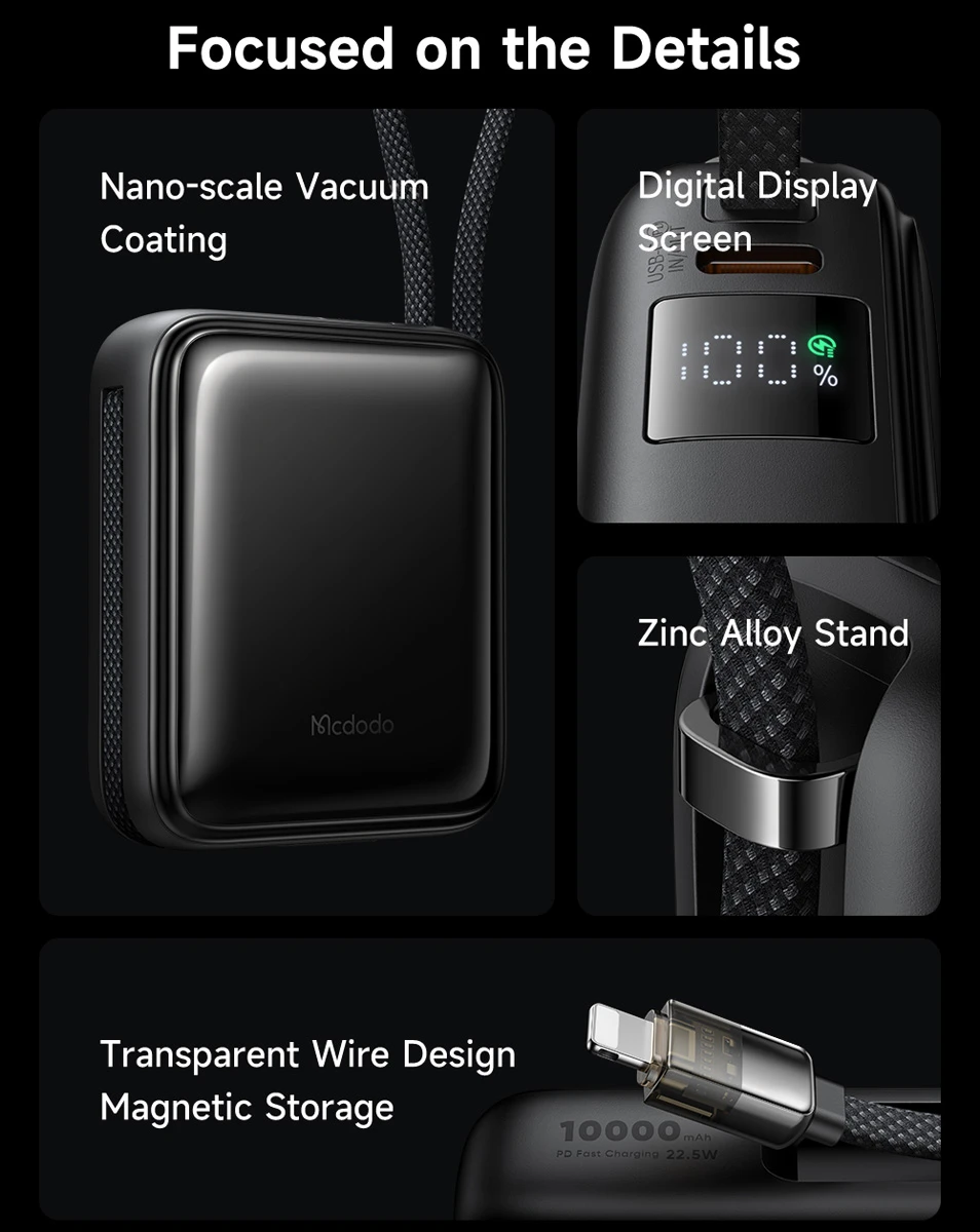 خرید پاور بانک 22.5 وات 10000 میلی‌آمپر با دو کابل متصل Type-C و Lightning برند Mcdodo مدل MC-2550 