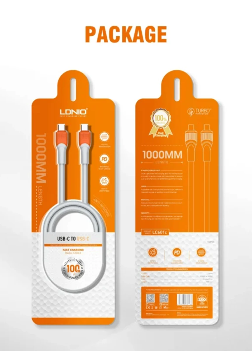 خرید کابل شارژ 100 وات 1 متر Type-C به Type-C مارک LDNIO مدل LC601c