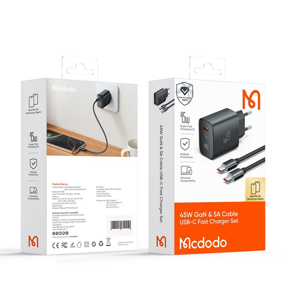 خرید شارژر دیواری 45 وات با کابل 5 آمپر 1.2 متری برند Mcdodo مدل CH-508