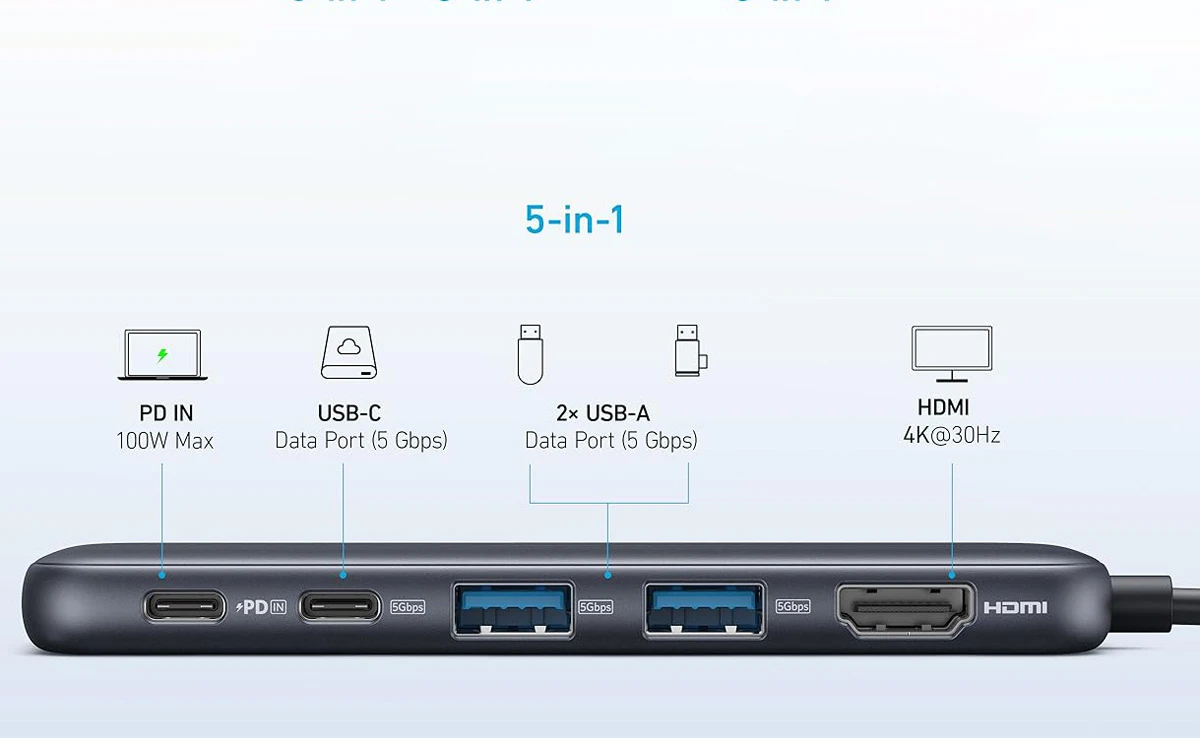 خرید هاب 5 کاره 100 وات 4K مارک Anker مدل A8355 ورودی Type-C