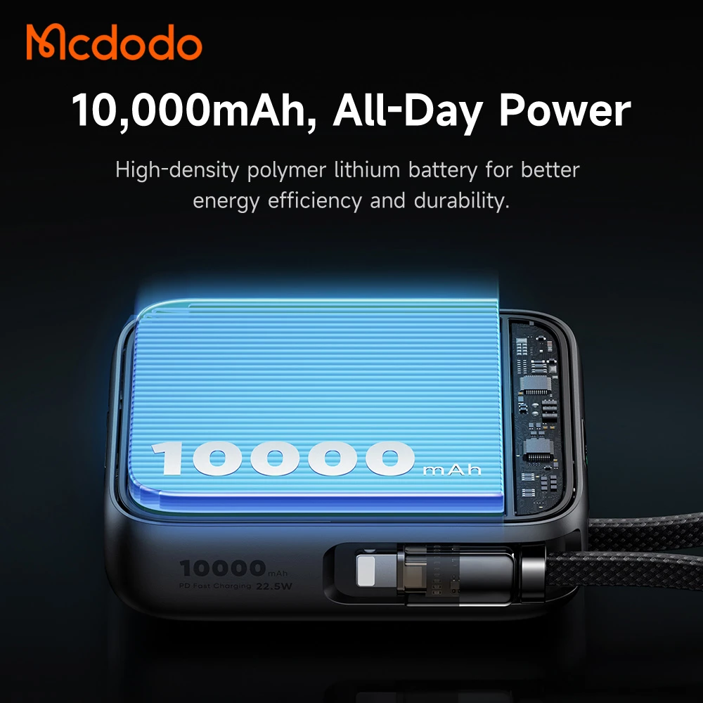 خرید پاور بانک 22.5 وات 10000 میلی‌آمپر با دو کابل متصل Type-C و Lightning برند Mcdodo مدل MC-2550 
