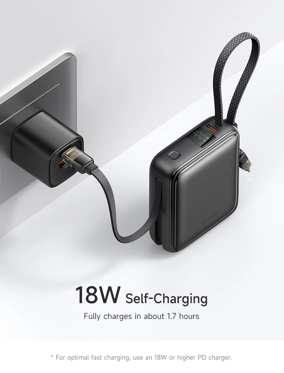 خرید پاور بانک 22.5 وات 10000 میلی‌آمپر با دو کابل متصل Type-C و Lightning برند Mcdodo مدل MC-2550 