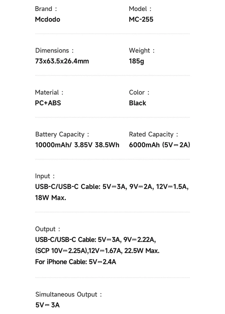 خرید پاور بانک 22.5 وات 10000 میلی‌آمپر با دو کابل متصل Type-C و Lightning برند Mcdodo مدل MC-2550 