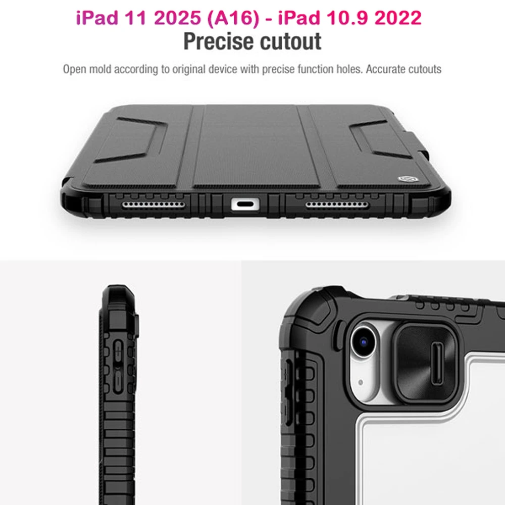 خرید کیف چرمی پشت شفاف ایربگ دار استند تاشو چند زاویه iPad 11 2025 ( A16 ) مارک نیلکین مدل Bumper Pro