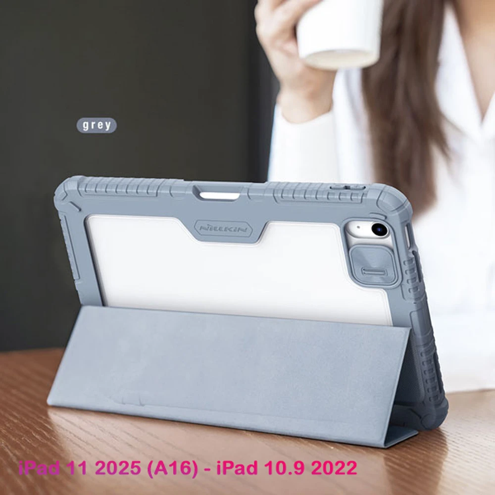 خرید کیف چرمی پشت شفاف ایربگ دار استند تاشو چند زاویه iPad 11 2025 ( A16 ) مارک نیلکین مدل Bumper Pro