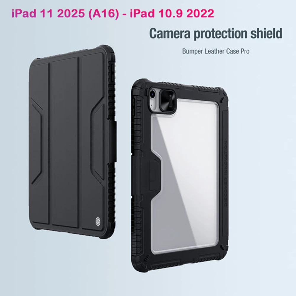 خرید کیف چرمی پشت شفاف ایربگ دار استند تاشو چند زاویه iPad 11 2025 ( A16 ) مارک نیلکین مدل Bumper Pro