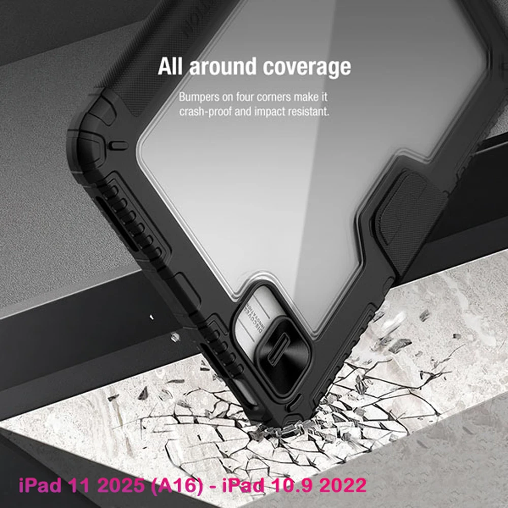 خرید کیف چرمی پشت شفاف ایربگ دار استند تاشو چند زاویه iPad 11 2025 ( A16 ) مارک نیلکین مدل Bumper Pro