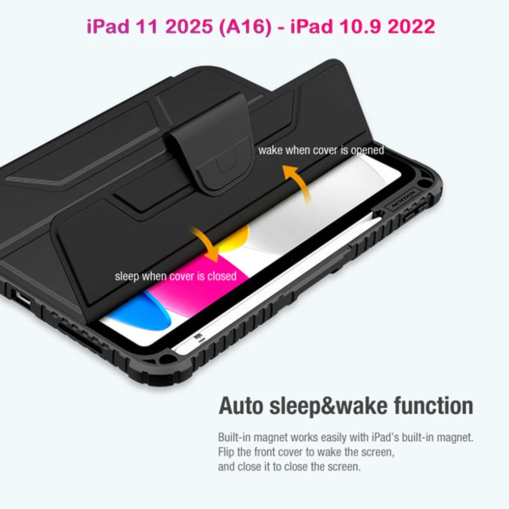 خرید کیف چرمی پشت شفاف ایربگ دار استند تاشو چند زاویه iPad 11 2025 ( A16 ) مارک نیلکین مدل Bumper Pro