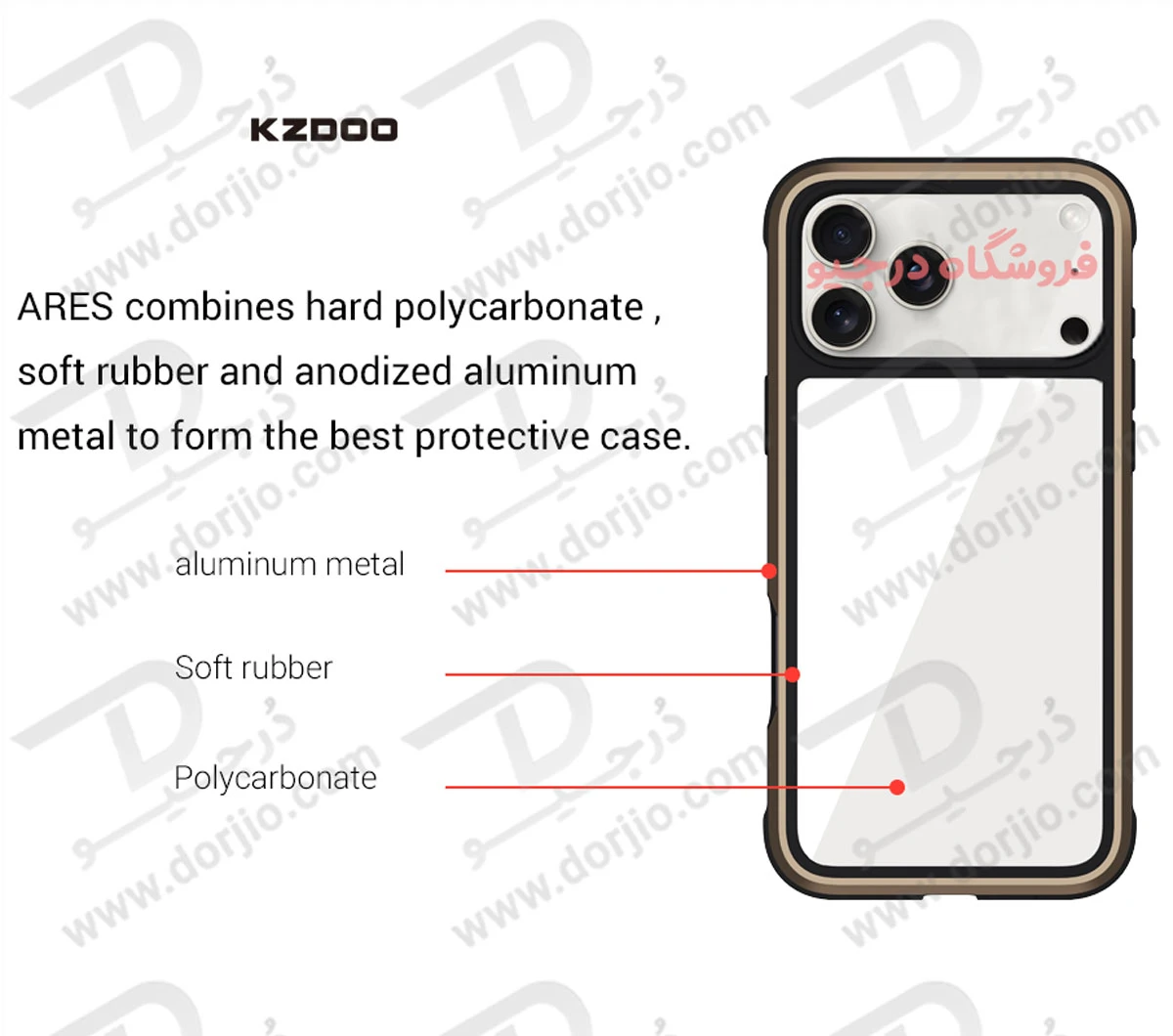 قاب شفاف فریم فلزی iPhone 17 Pro مدل Ares مارک KZDOO