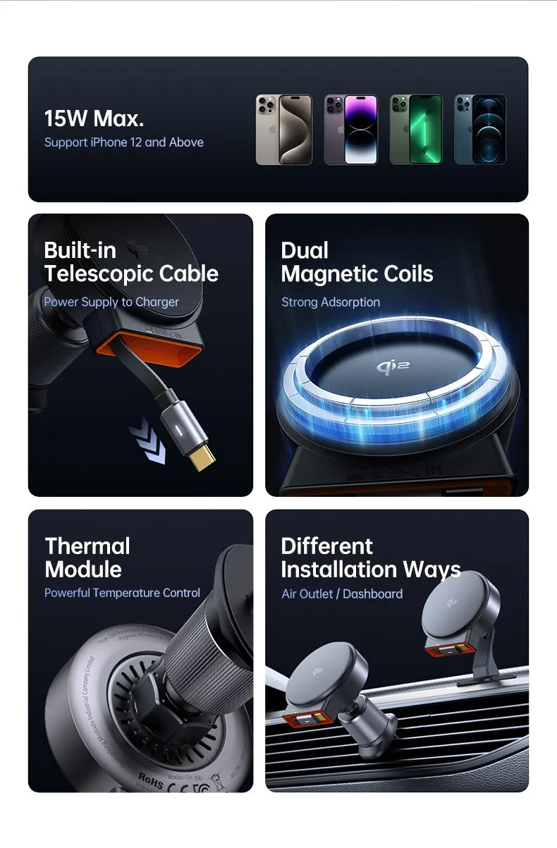 هولدر مغانطیسی و شارژر بیسیم 15 وات مکدودو مدل Mcdodo CH-009 سری دریچه کولری به همراه شارژر فندکی