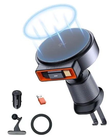 هولدر مغانطیسی و شارژر بیسیم 15 وات مکدودو مدل Mcdodo CH-009 سری دریچه کولری به همراه شارژر فندکی