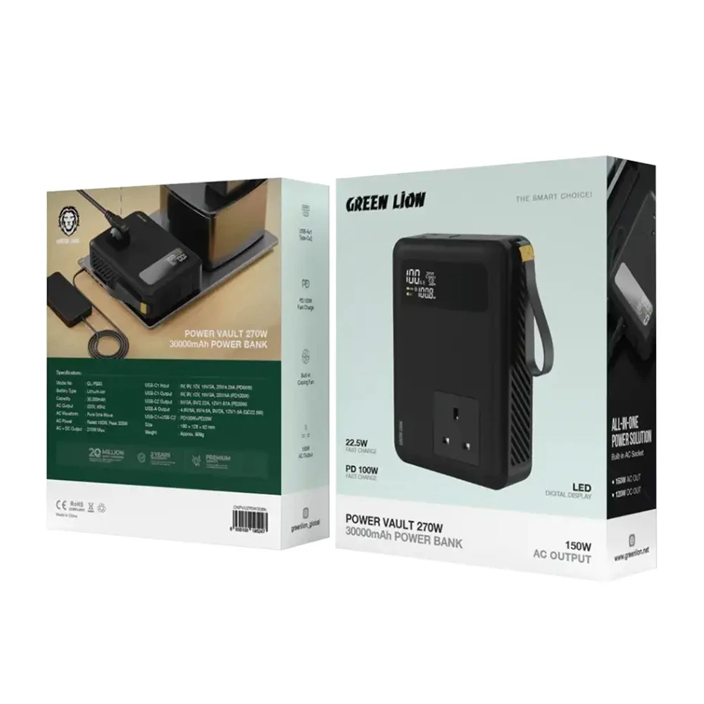 پاور بانک 30 هزار 100 وات با خروجی برق مستقیم 270 وات مدل Power Vault برند Green Lion