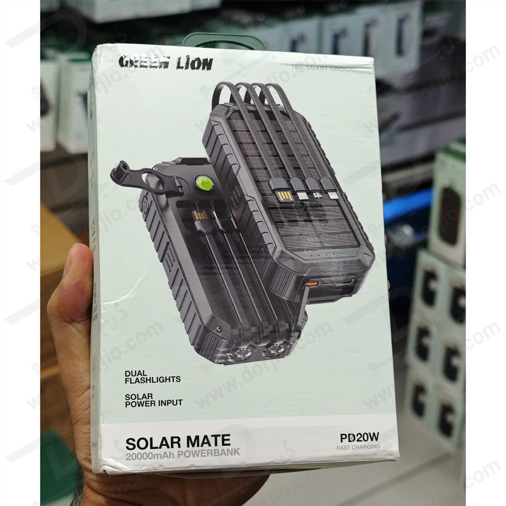 پاور بانک خورشیدی 20000 میلی‌آمپر 22.5 وات با 4 کابل متصل و چراغ قوه و میله شارژ دستی برند Green Lion