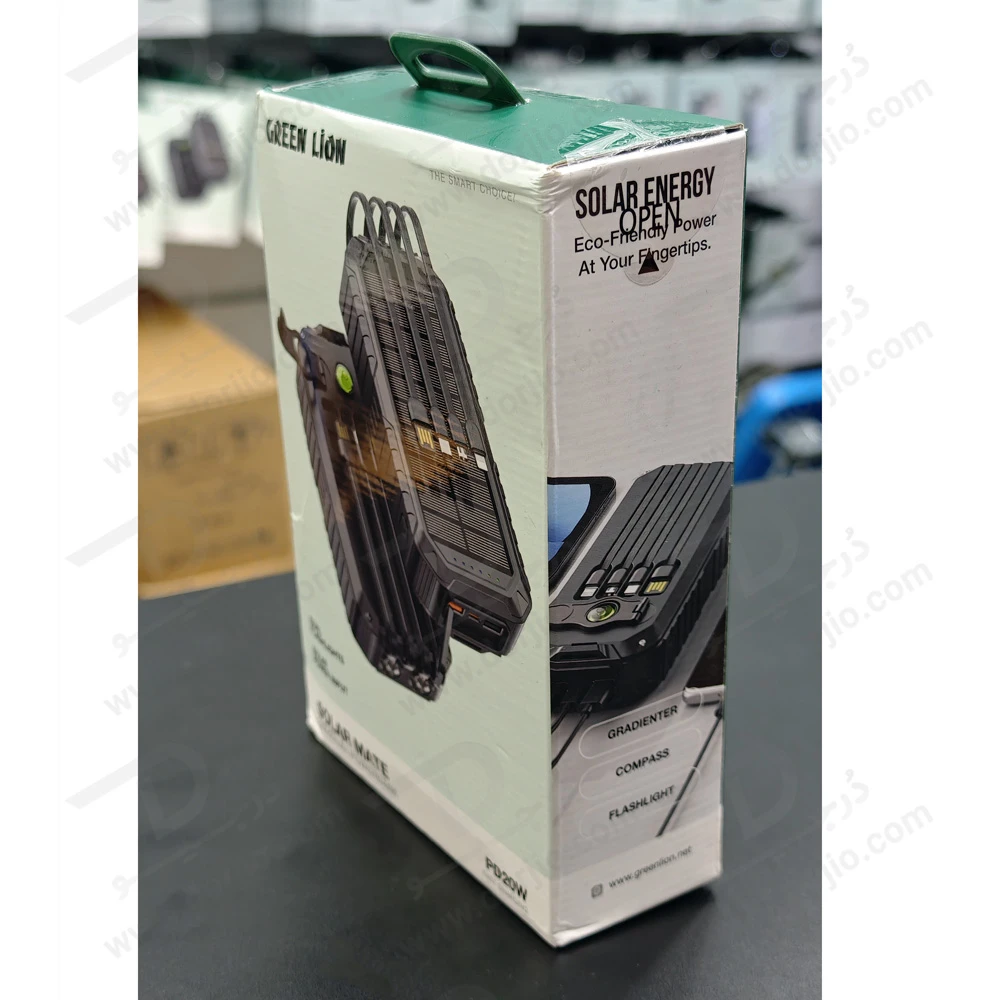 پاور بانک خورشیدی 20000 میلی‌آمپر 22.5 وات با 4 کابل متصل و چراغ قوه و میله شارژ دستی برند Green Lion