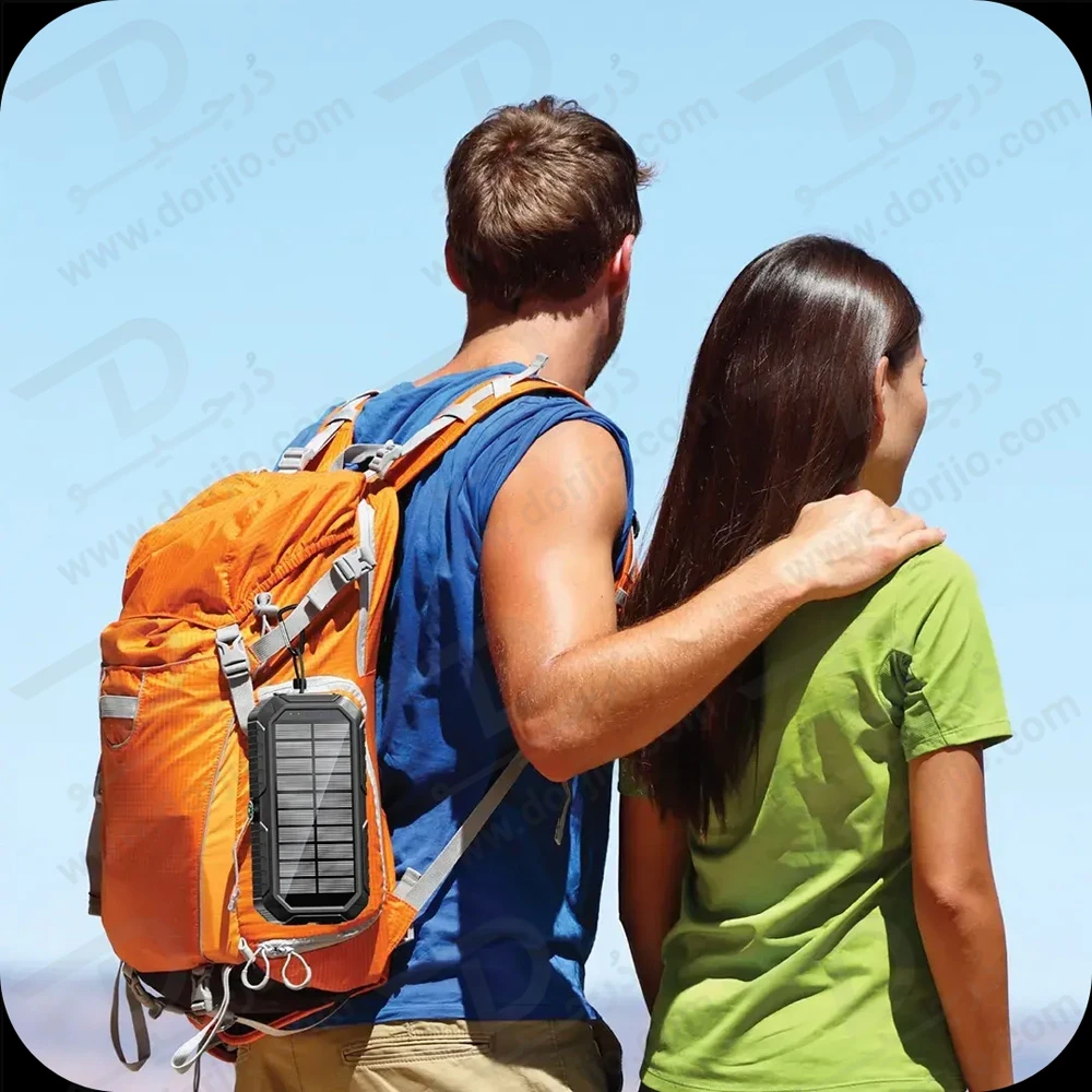 پاور بانک خورشیدی 20000 میلی‌آمپر 22.5 وات با 4 کابل متصل و چراغ قوه و میله شارژ دستی برند Green Lion