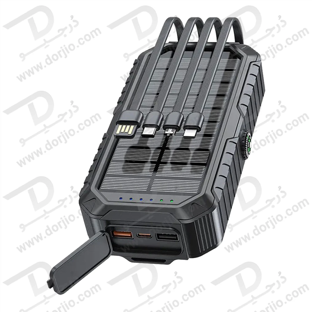 پاور بانک خورشیدی 20000 میلی‌آمپر 22.5 وات با 4 کابل متصل و چراغ قوه و میله شارژ دستی برند Green Lion