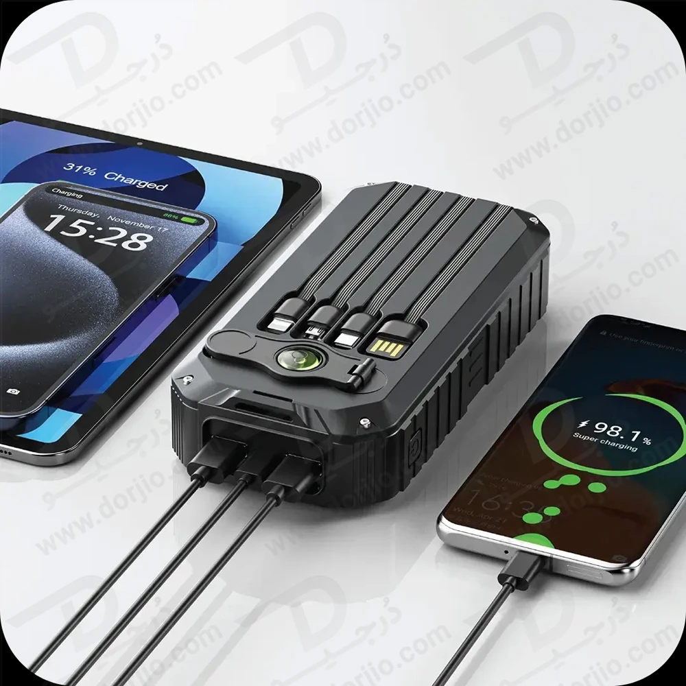 پاور بانک خورشیدی 20000 میلی‌آمپر 22.5 وات با 4 کابل متصل و چراغ قوه و میله شارژ دستی برند Green Lion