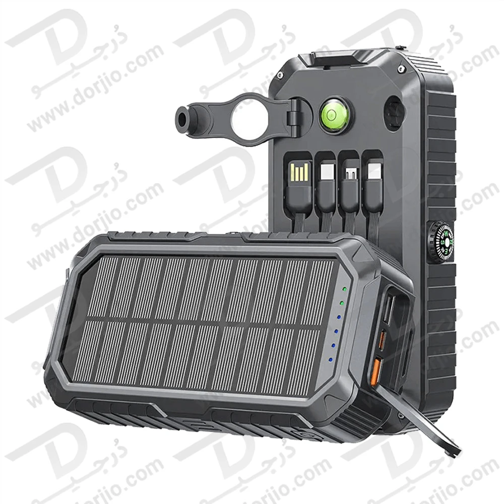 پاور بانک خورشیدی 20000 میلی‌آمپر 22.5 وات با 4 کابل متصل و چراغ قوه و میله شارژ دستی برند Green Lion