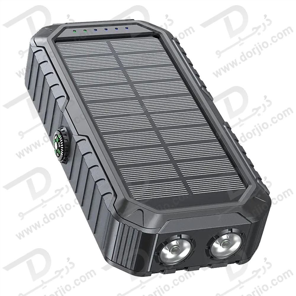 پاور بانک خورشیدی 20000 میلی‌آمپر 22.5 وات با 4 کابل متصل و چراغ قوه و میله شارژ دستی برند Green Lion