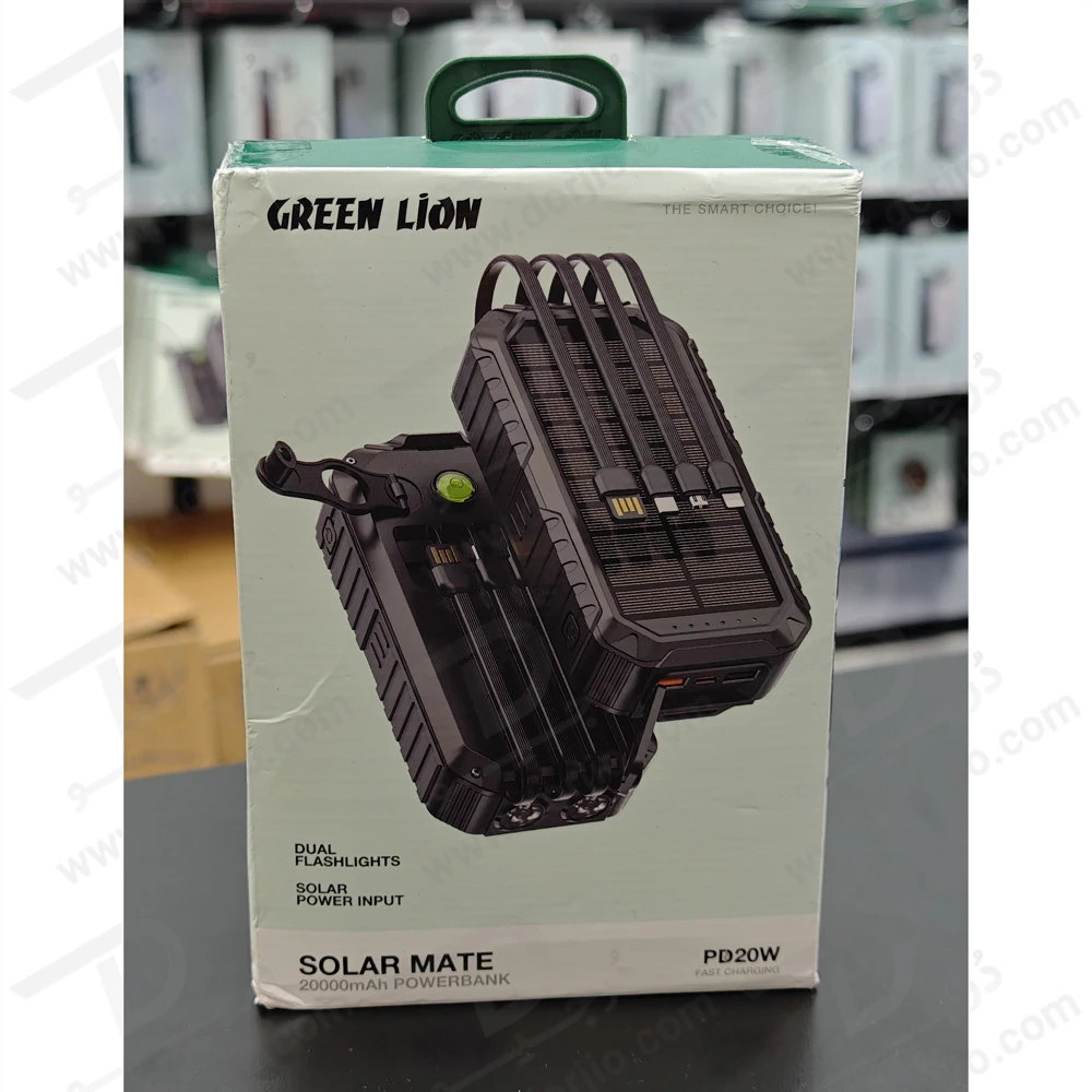 پاور بانک خورشیدی 20000 میلی‌آمپر 22.5 وات با 4 کابل متصل و چراغ قوه و میله شارژ دستی برند Green Lion