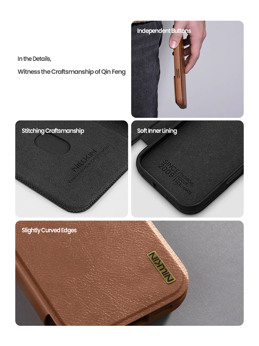 کیف چرمی محافظ دوربین دار iPhone 17 Pro مارک نیلکین مدل Qin Pro