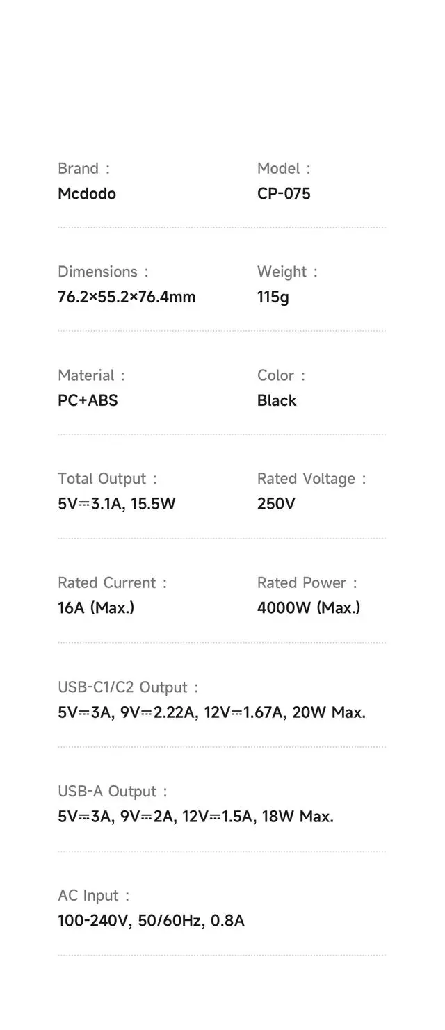 تبدیل برق 3 شاخه به 2 شاخه و شارژر دیواری 20 وات برند مک دودو مدل Mcdodo CP-0750