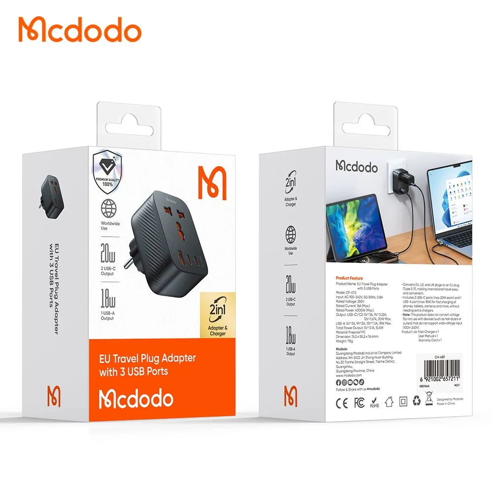 تبدیل برق 3 شاخه به 2 شاخه و شارژر دیواری 20 وات برند مک دودو مدل Mcdodo CP-0750