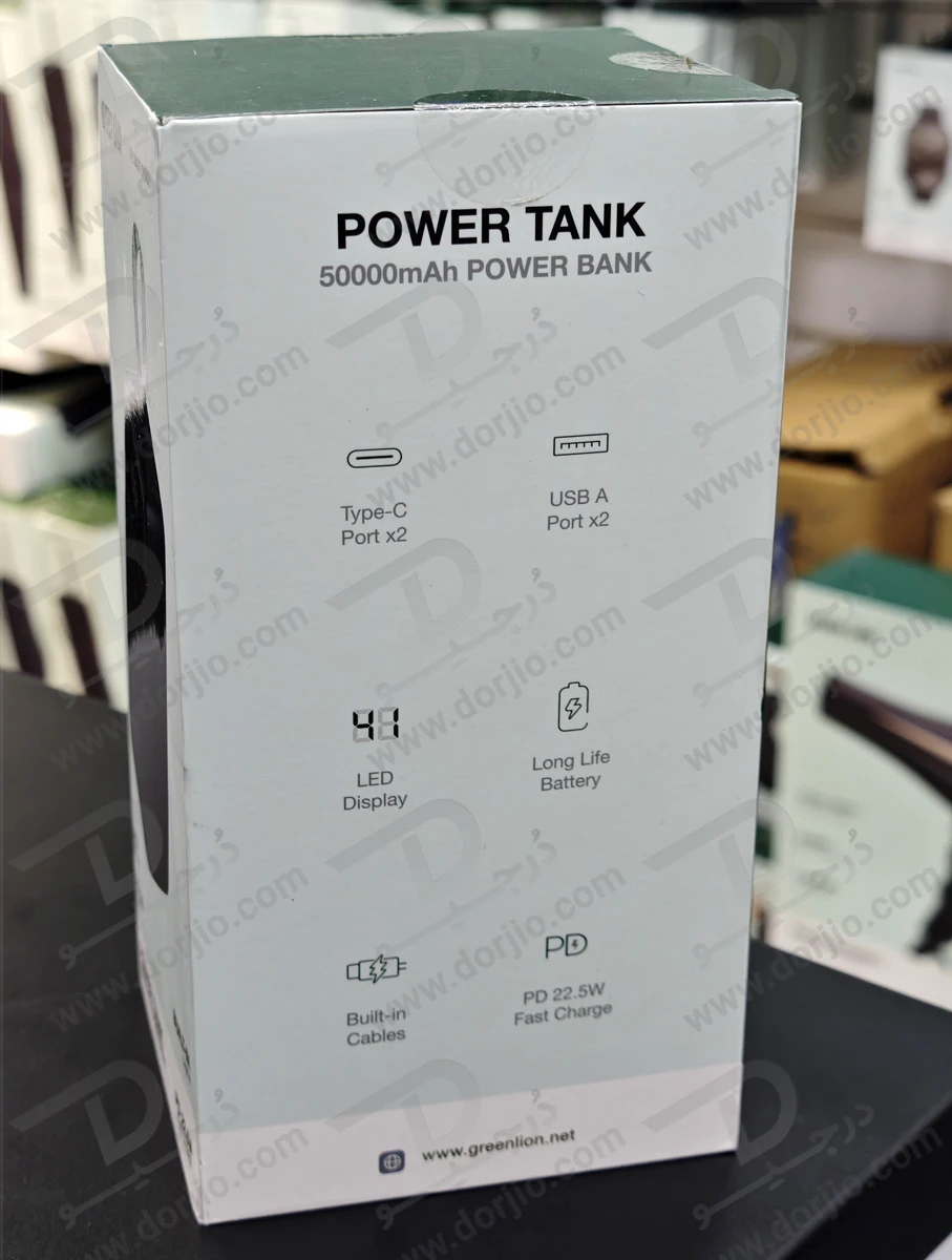 پاور بانک 50000 میلی آمپر با 3 کابل شارژ متصل مدل Power Tank برند Green Lion