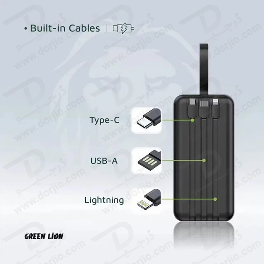 پاور بانک 50000 میلی آمپر با 3 کابل شارژ متصل مدل Power Tank برند Green Lion
