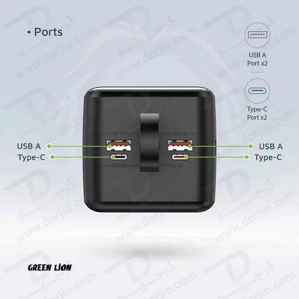 پاور بانک 50000 میلی آمپر با 3 کابل شارژ متصل مدل Power Tank برند Green Lion