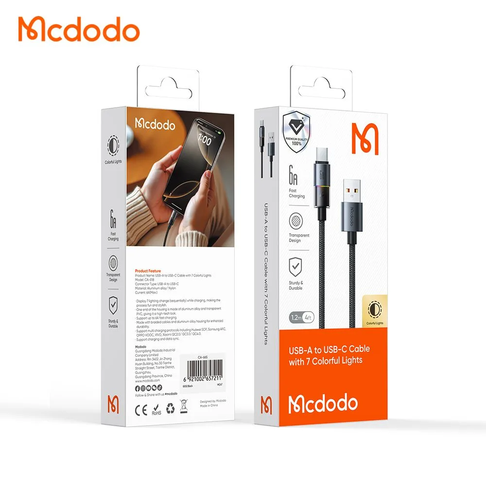کابل شارژ 100وات 6آمپر USB-A به Type-C رقص نور دار 1.2 متر برند مک دودو مدل Mcdodo CA-8180