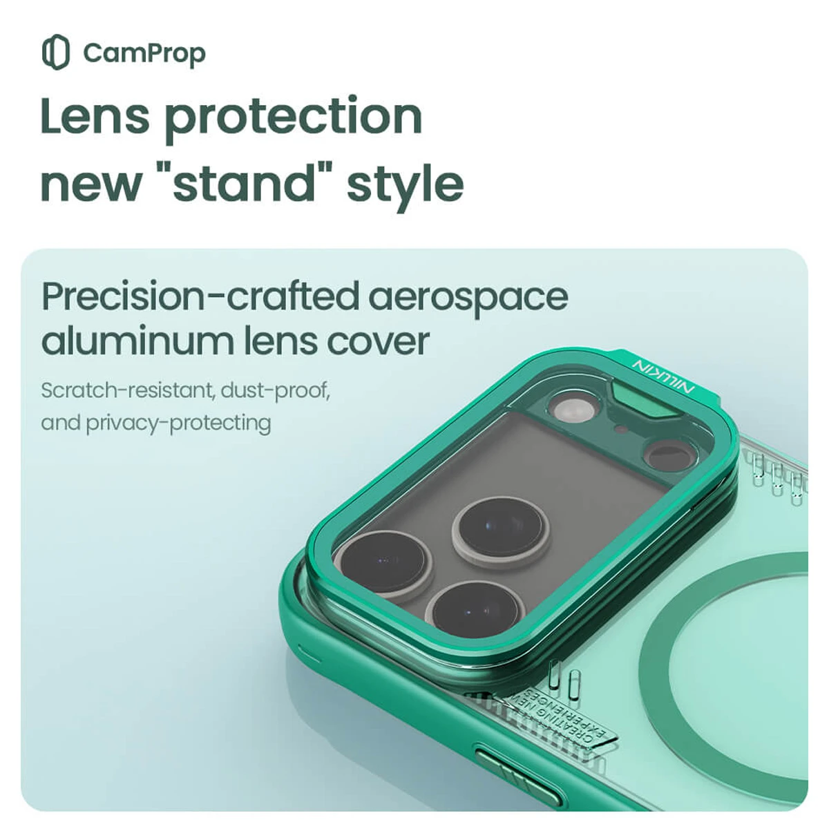 قاب کریستالی مگ سیف کمرا استند شیشه‌ای iPhone 17 Pro مارک نیلکین مدل Iceblade Prop Magnetic