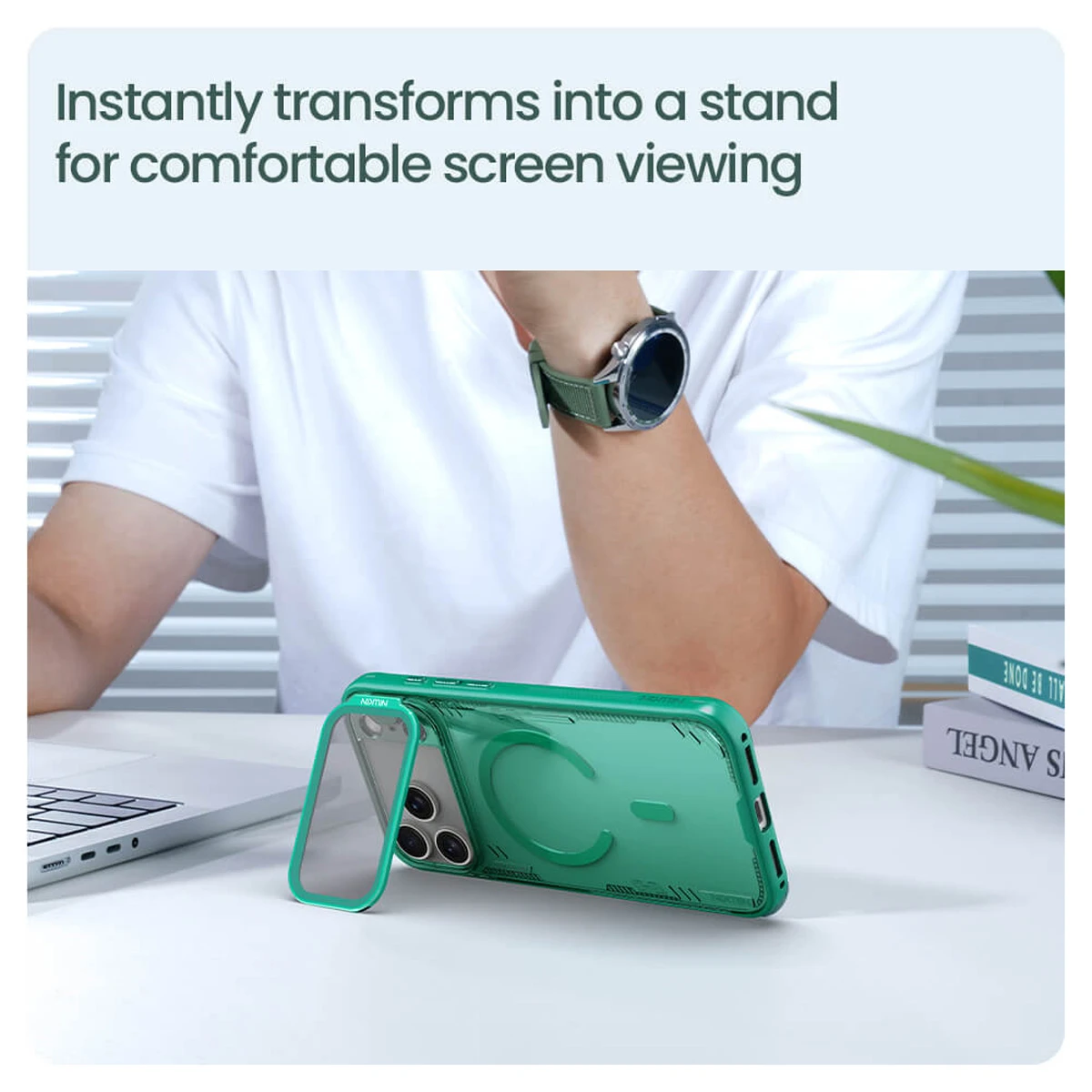 قاب کریستالی مگ سیف کمرا استند شیشه‌ای iPhone 17 Pro Max مارک نیلکین مدل Iceblade Prop Magnetic