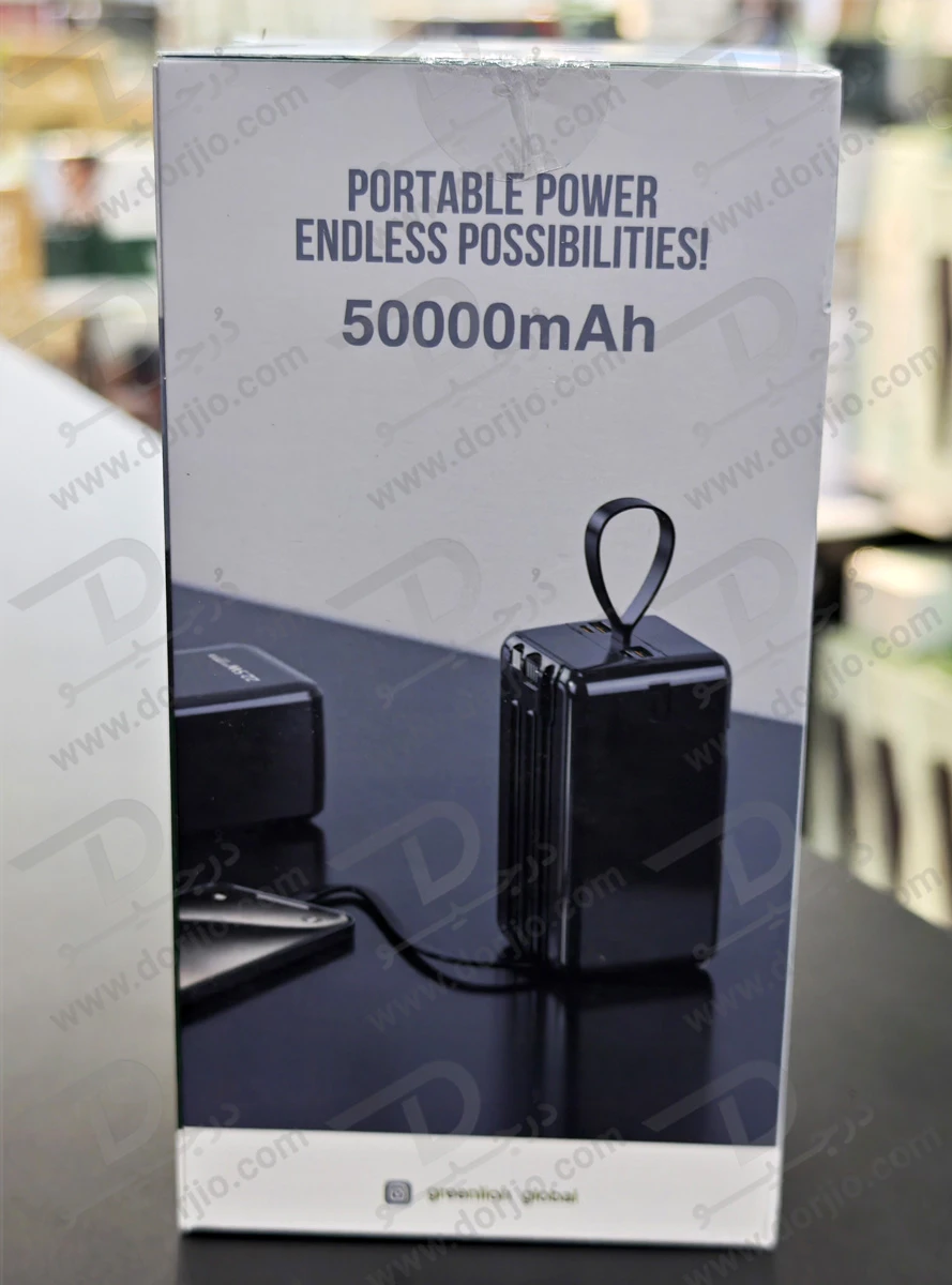 پاور بانک 50000 میلی آمپر با 3 کابل شارژ متصل مدل Power Tank برند Green Lion پاور بانک 50000 میلی آمپر با 3 کابل شارژ متصل مدل Power Tank برند Green Lion