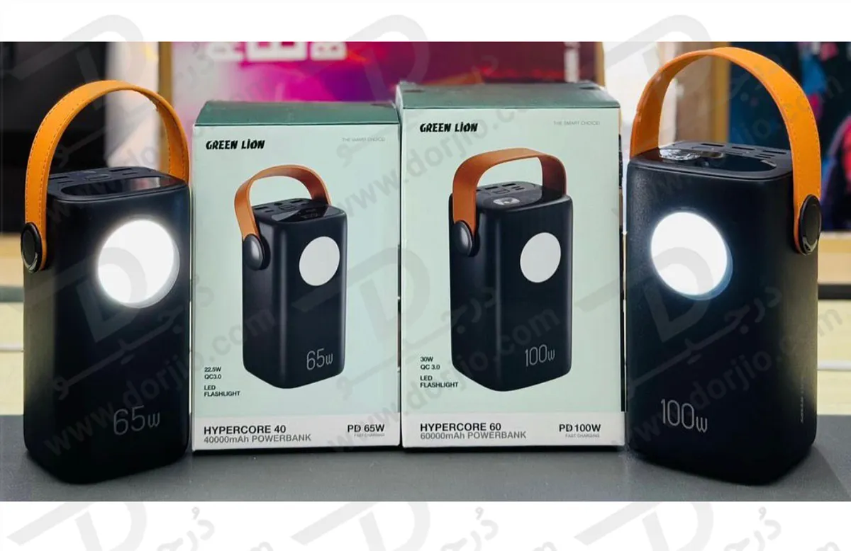 پاور بانک 60000 میلی‌آمپر 100 وات با چراغ قوه 6 وات مدل Hyper Core 60 برند Green Lion