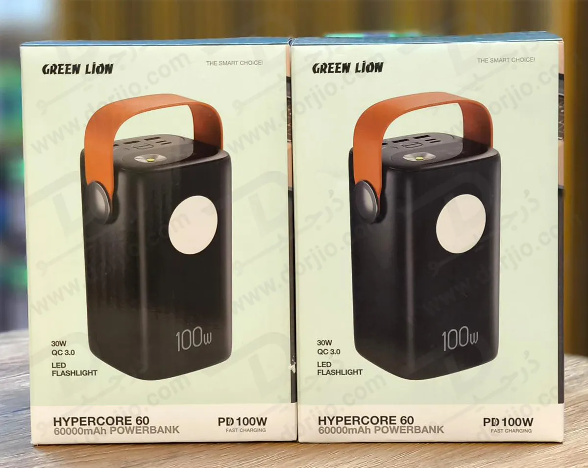 پاور بانک 60000 میلی‌آمپر 100 وات با چراغ قوه 6 وات مدل Hyper Core 60 برند Green Lion
