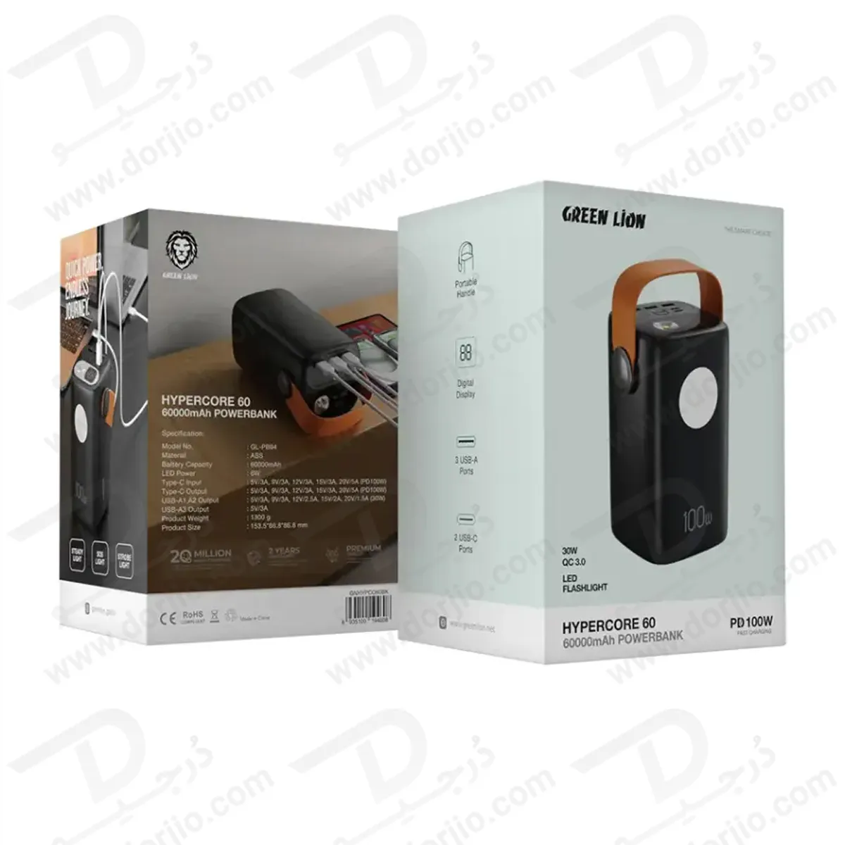 پاور بانک 60000 میلی‌آمپر 100 وات با چراغ قوه 6 وات مدل Hyper Core 60 برند Green Lion