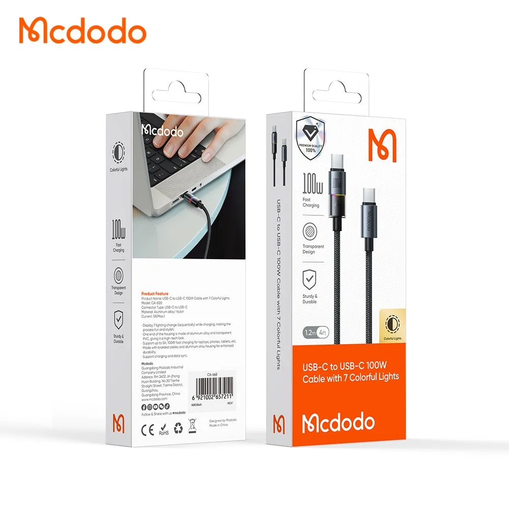 کابل شارژ 100وات 5 آمپر Type-c به Type-c رقص نور دار 1.2 متر برند مک دودو مدل Mcdodo CA-8200