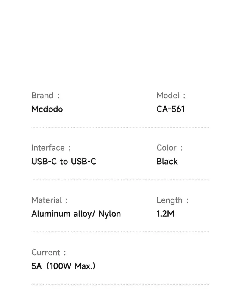 کابل شارژ 100وات 5 آمپر Type-c به Type-c نمایشگر دار 1.2 متر برند مک دودو مدل Mcdodo CA-5610