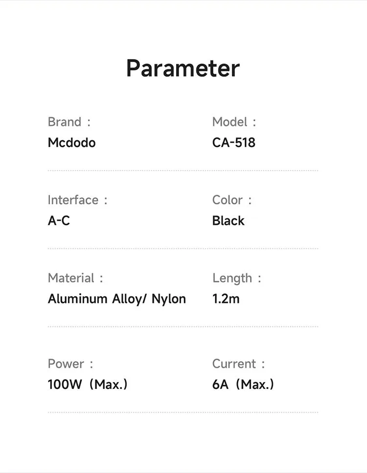کابل شارژ 6آمپر 100وات USB-A به Type-C دارای نورپردازی LED طول 1.2 متر برند مک دودو مدل Mcdodo CA-5180