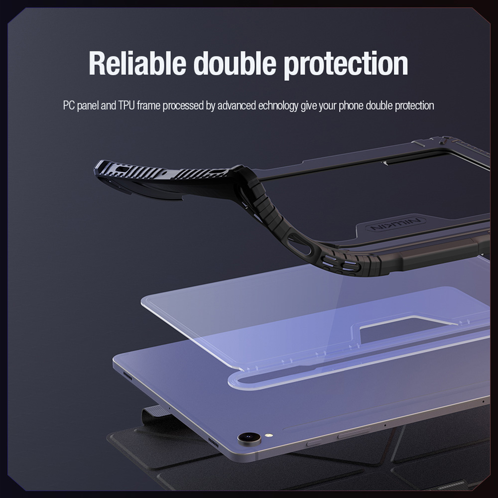 کیف چرمی پشت شفاف ایربگ دار استند تاشو چند زاویه Samsung Galaxy Tab S10 FE مارک نیلکین مدل Bumper Pro